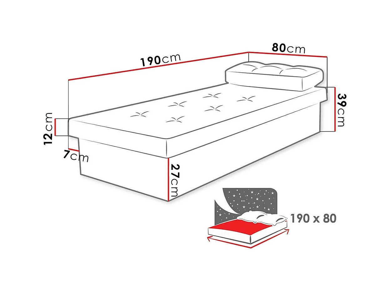 Lit Dover 100, Unique, Noir, 80x190, 80x190x39cm