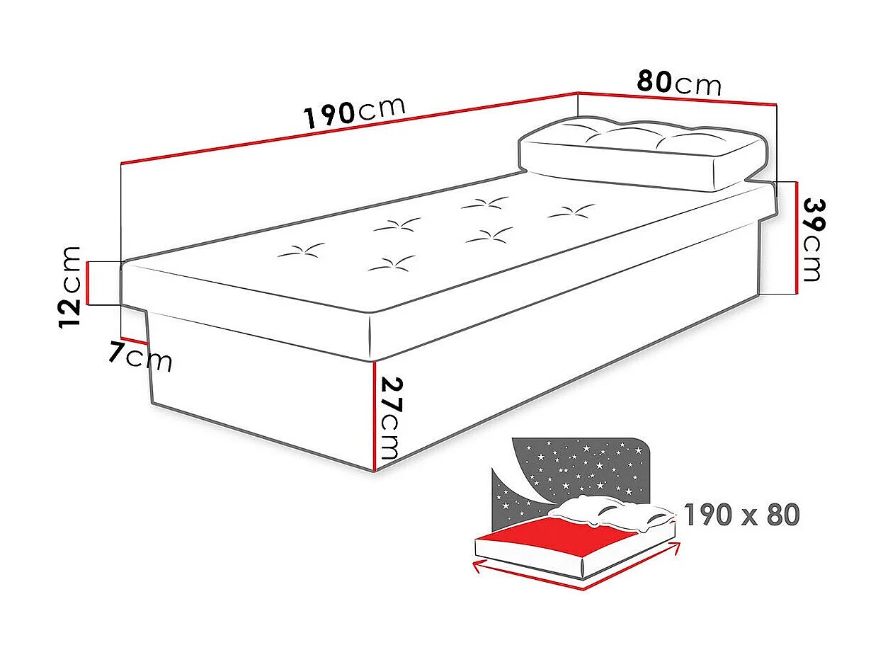 Cama Dover 100, Individuales, Negro, 80x190, 80x190x39cm