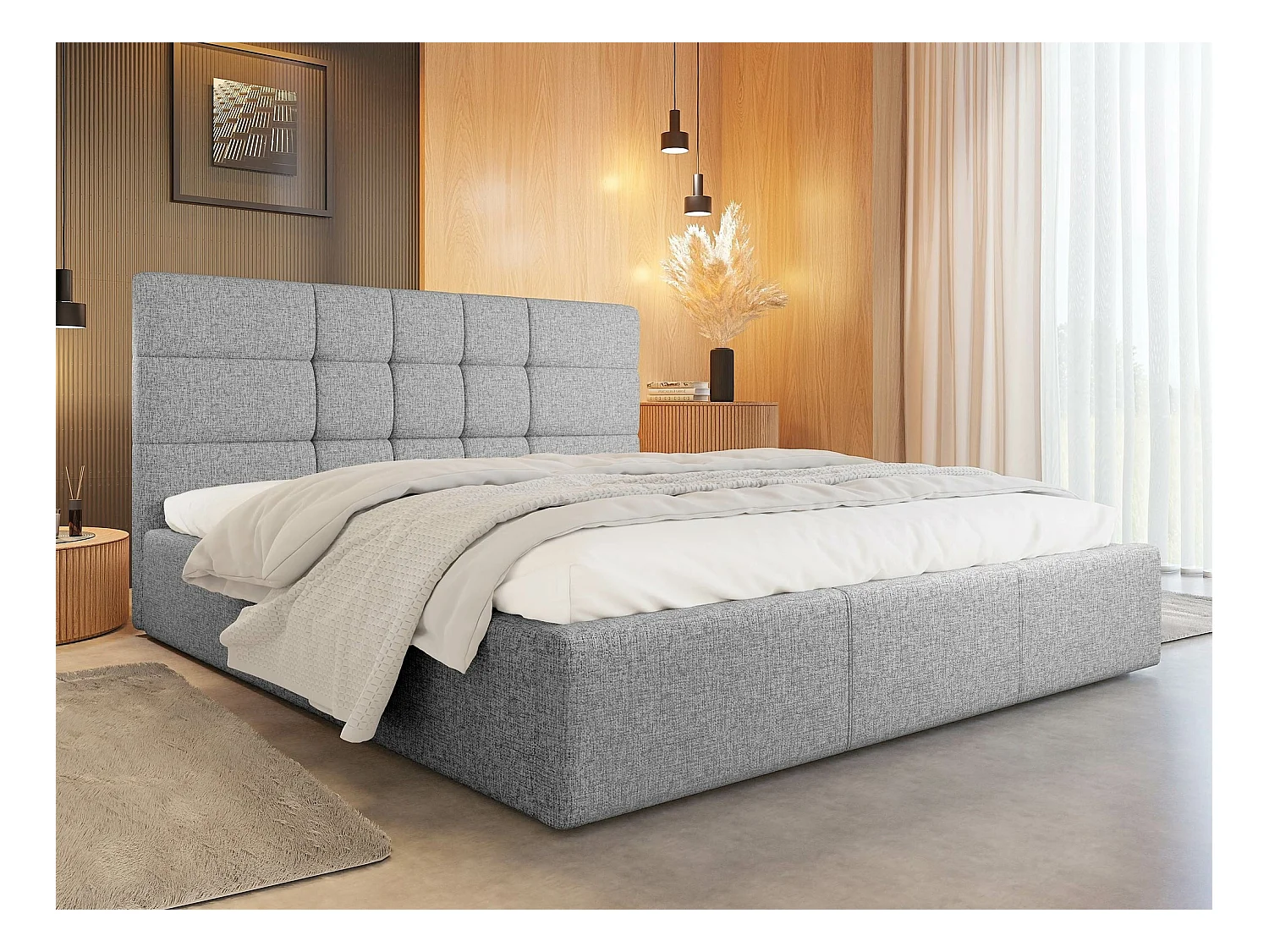 Lit ComfiDream 125, Double, Gris, 180x200, Tapisserie, Sommier à lattes, 191x212x105cm
