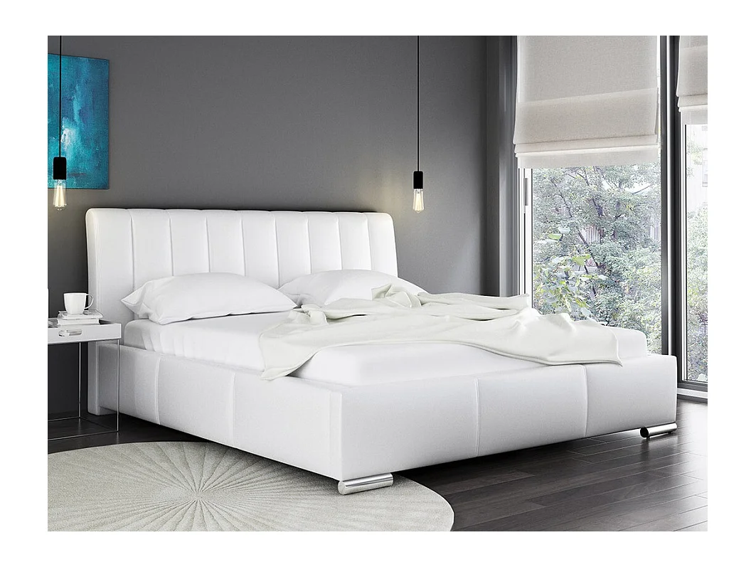 Lit Baltimore 109, Double, Blanc, 140x200, Faux cuir, Sommier à lattes, 160x227x103cm