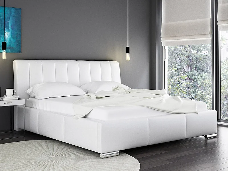 Cama Baltimore 109, Doble, Blanco, 140x200, Cuero ecológico, Somieres, 160x227x103cm