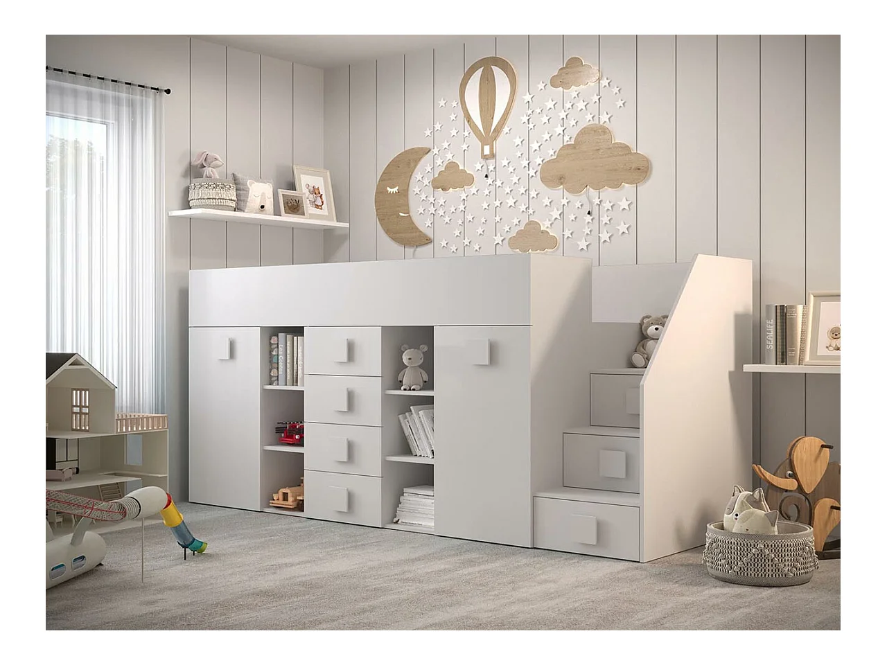 Letto alto Hartford 366, Singolo, Bianco, 90x200, Truciolare laminato, Reti a doghe, 94cm