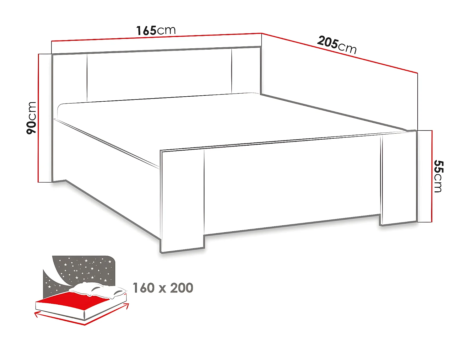 Cama Catromi 101, Doble, Blanco, 160x200, Aglomerado laminado, Somieres, 165x205x90cm