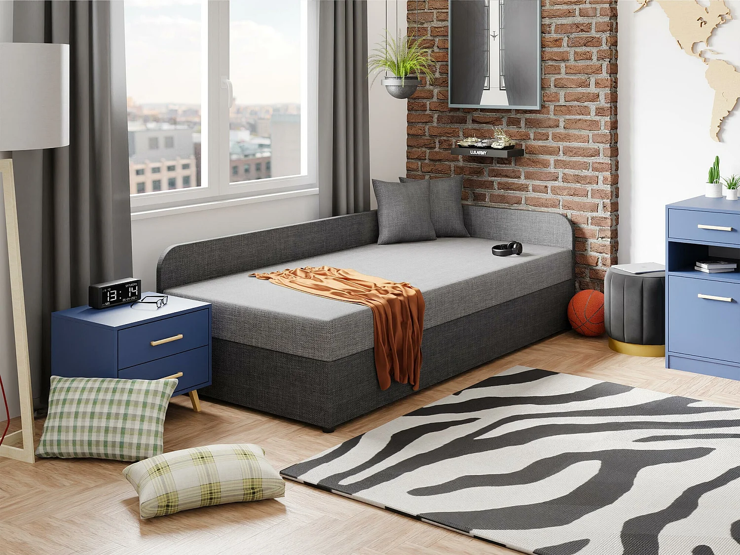 Cama Memphis 128, Individuales, Gris, 90x200, Tapiz, Somieres, 95x205x60cm