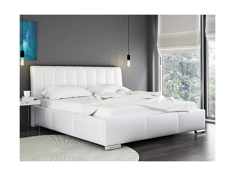 Lit Baltimore 109, Double, Blanc, 160x200, Faux cuir, Sommier à lattes, 180x227x103cm