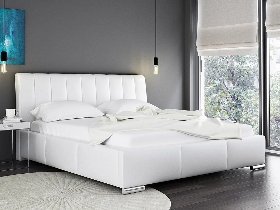 Lit Baltimore 109, Double, Blanc, 160x200, Faux cuir, Sommier à lattes, 180x227x103cm