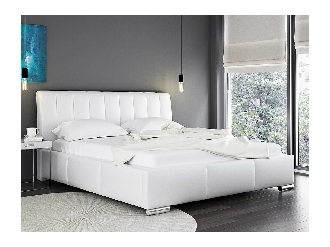 Cama Baltimore 109, Casal, Branco, Eco couro, Estrados de cama