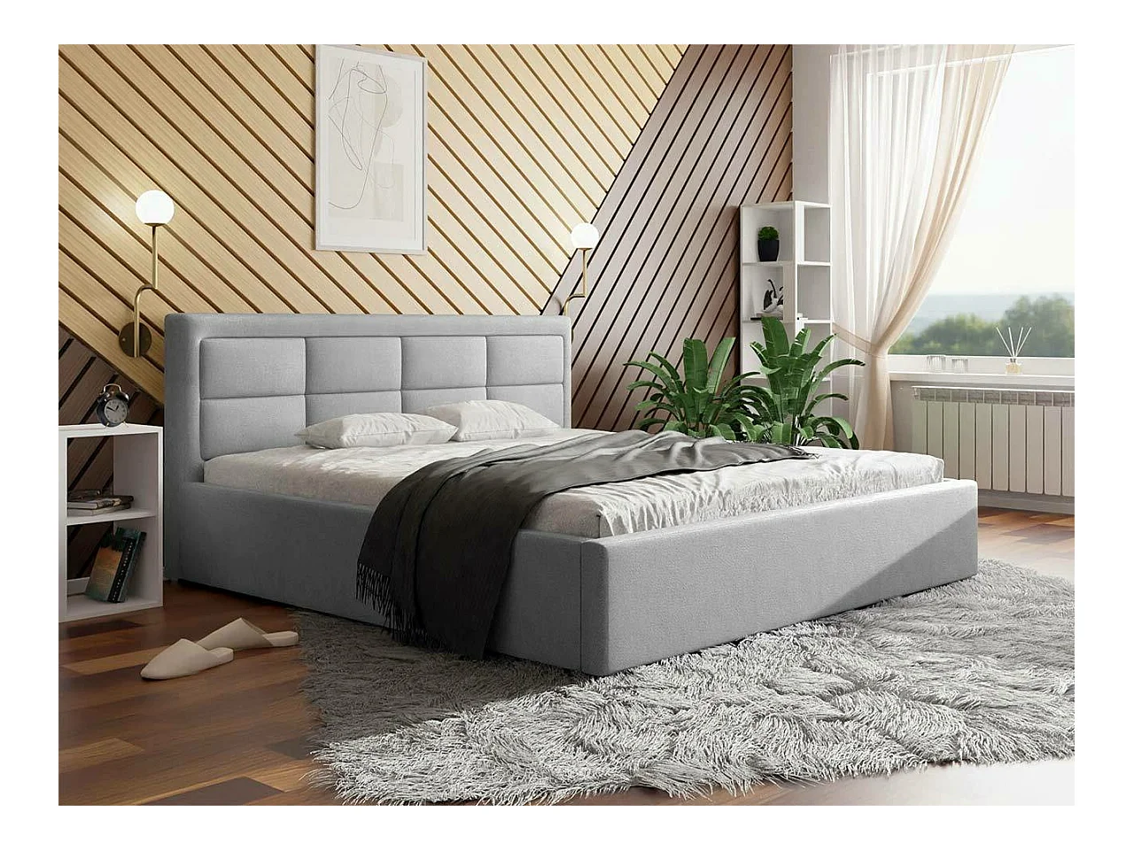 Cama Pomona 103, Doble, Gris, 180x200, Tapiz, Somieres, 200x223x93cm