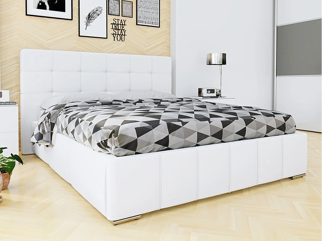 Cama Florence 100, Doble, Blanco, 180x200, Cuero ecológico, Somieres, 198x216x105cm