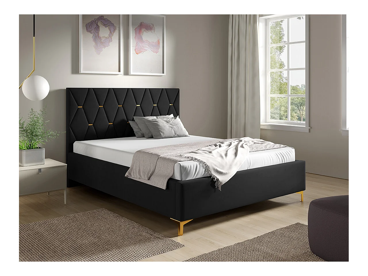Cama Baltimore 192, Doble, Negro, 180x200, Tapiz, Somieres, 198x222x122cm