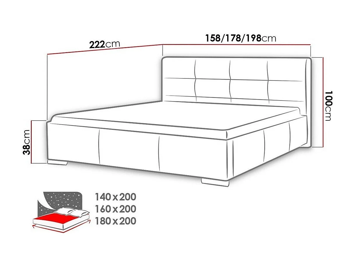 Cama Baltimore 108, Doble, Negro, 140x200, Cuero ecológico, Somieres, 158x222x100cm