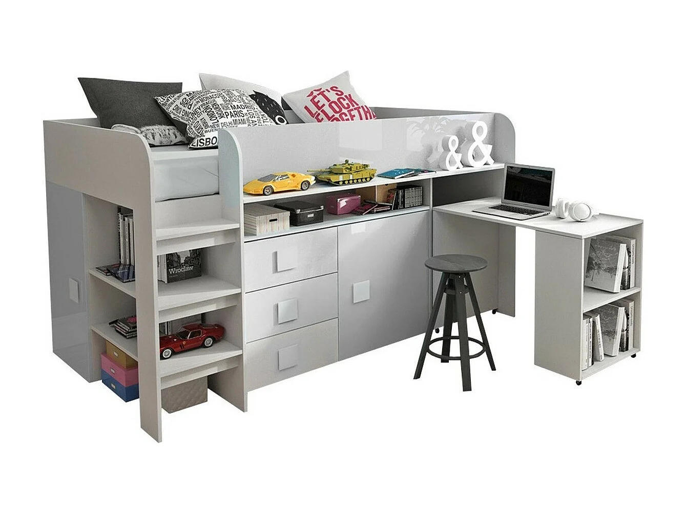 Lit Hartford 190, Unique, Blanc, 90x200, Stratifié, Disponible, 107x204x125cm