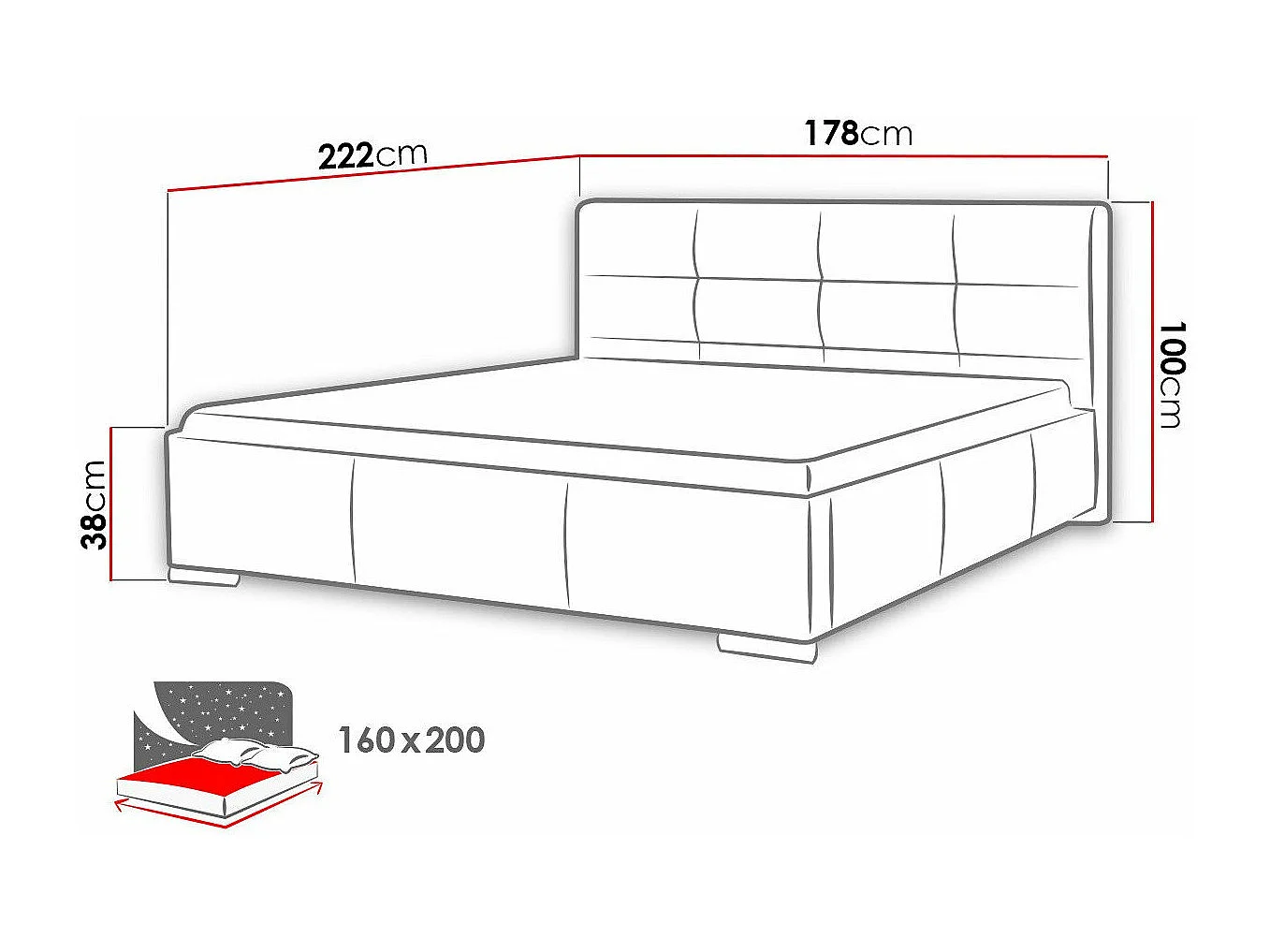 Cama Baltimore 108, Casal, Castanho claro, Couro Ecológico, 18x22x10cm