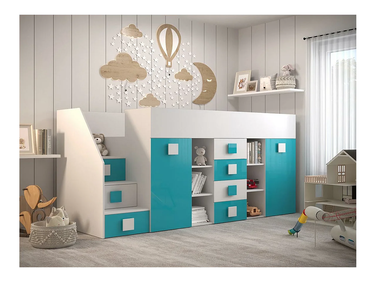 Cama alta Hartford 366, Individual, Turquesa, Estrados de cama