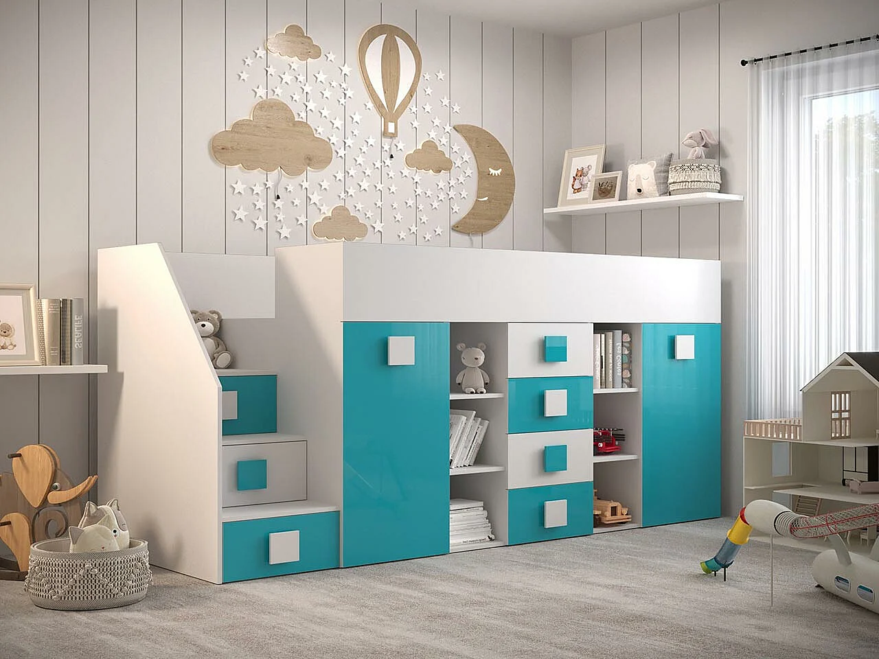 Letto alto Hartford 366, Singolo, Turchese, 90x200, Truciolare laminato, Reti a doghe,