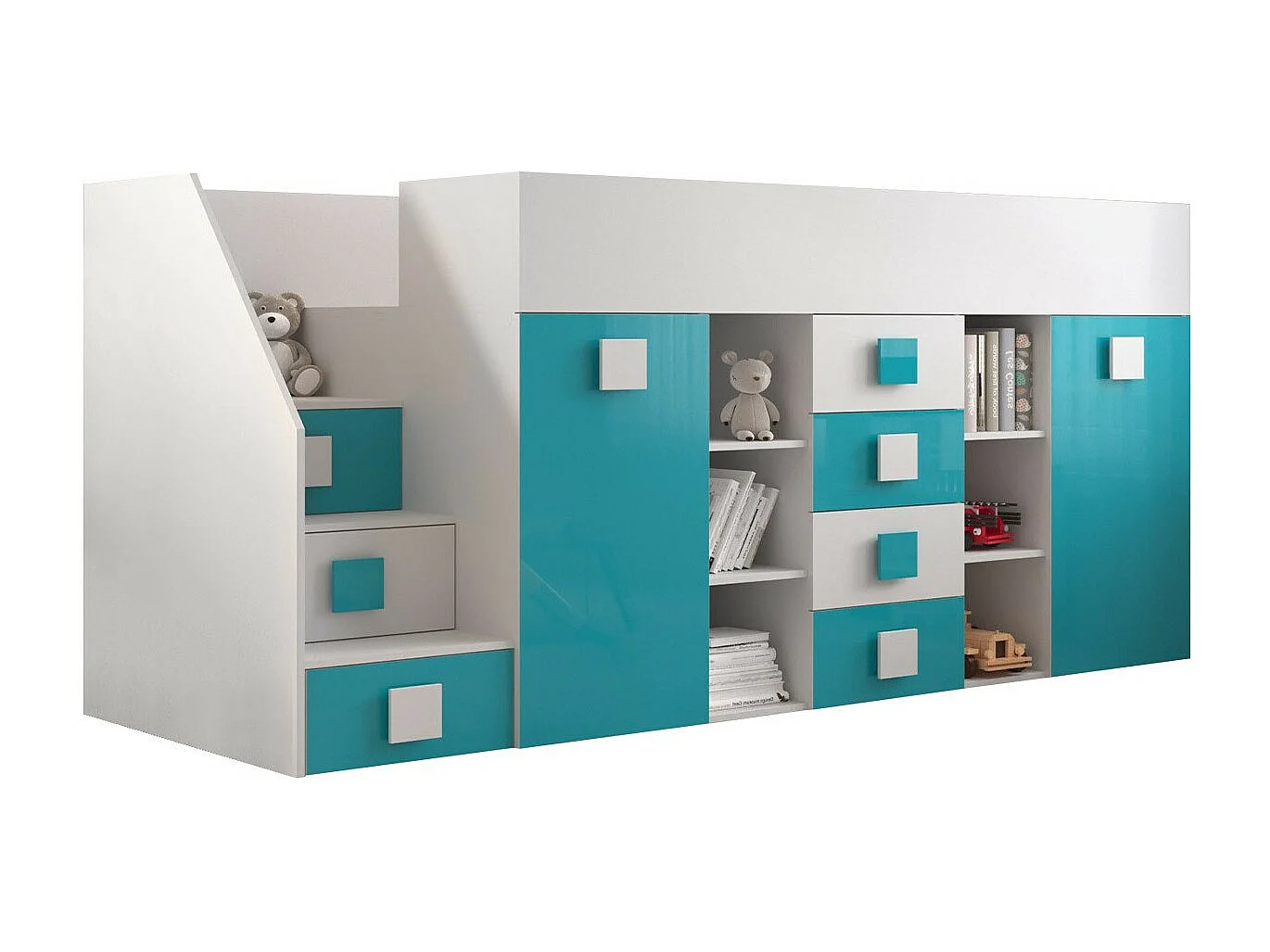 Letto alto Hartford 366, Singolo, Turchese, 90x200, Truciolare laminato, Reti a doghe,