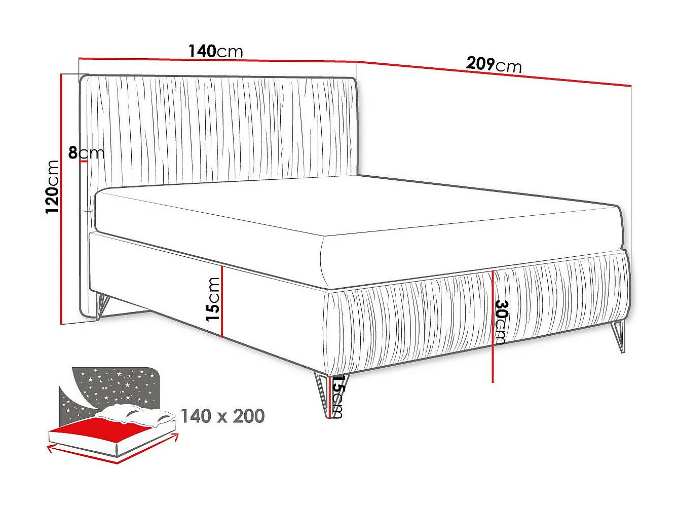 Lit continental Logan 112, Double, Brun clair, 140x200, Tapisserie, Sommier à lattes,
