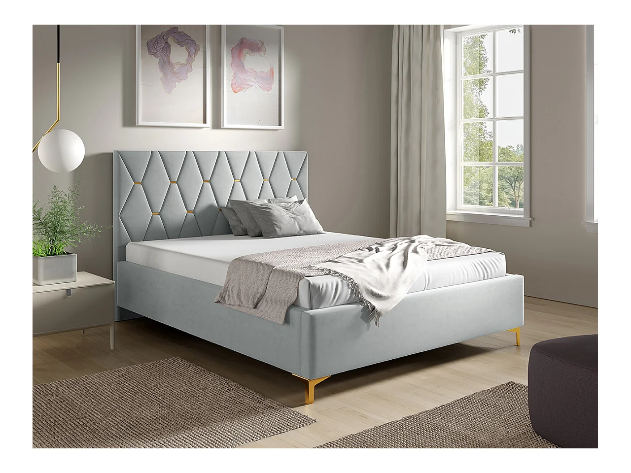 Cama Baltimore 192, Casal, Cinzento, Tecido, Estrados de cama