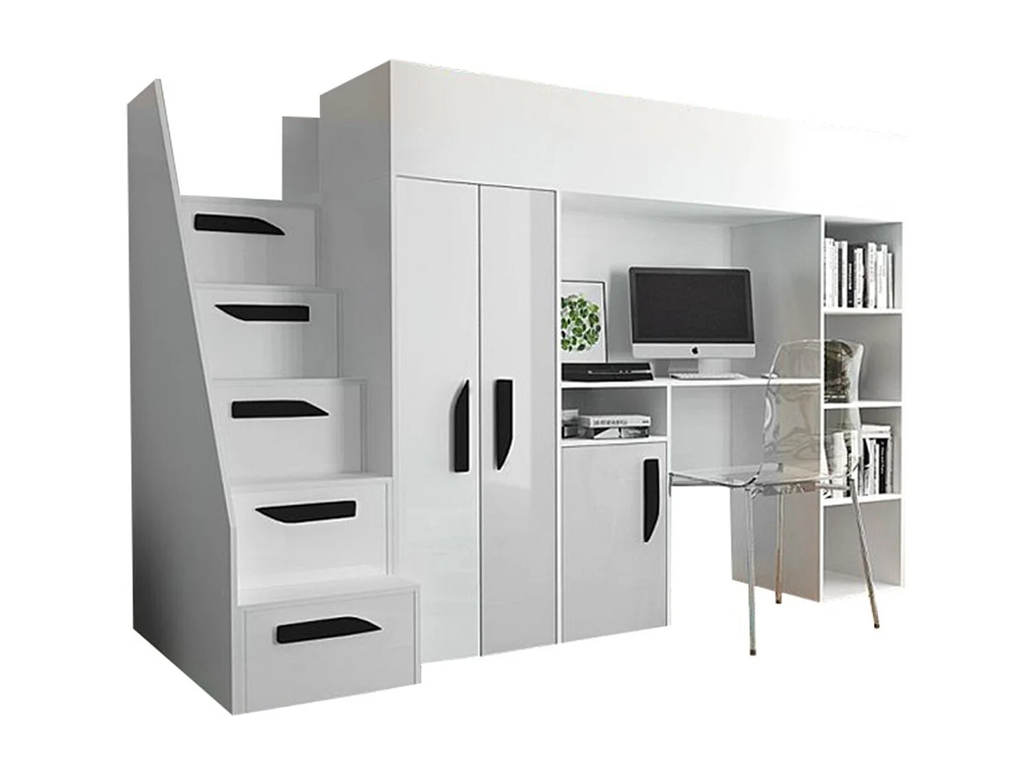 Lit haut Hartford 192, Unique, Blanc, 90x200, Stratifié, Sommier à lattes, 120x247x166cm