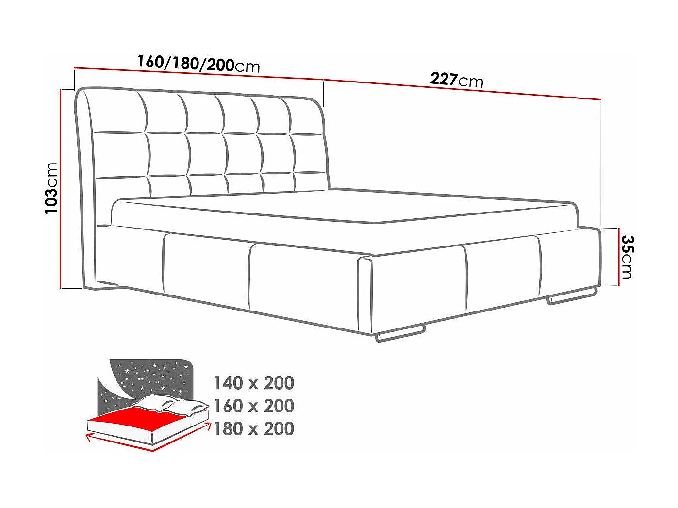 Cama Baltimore 107, Doble, Rojo, 160x200, Cuero ecológico, Somieres, 180x227x103cm
