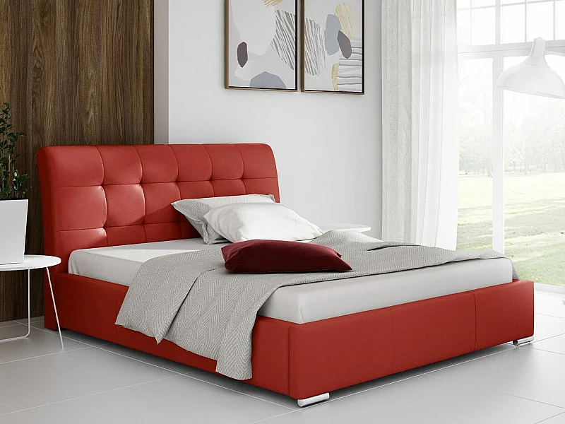 Cama Baltimore 107, Doble, Rojo, 160x200, Cuero ecológico, Somieres, 180x227x103cm