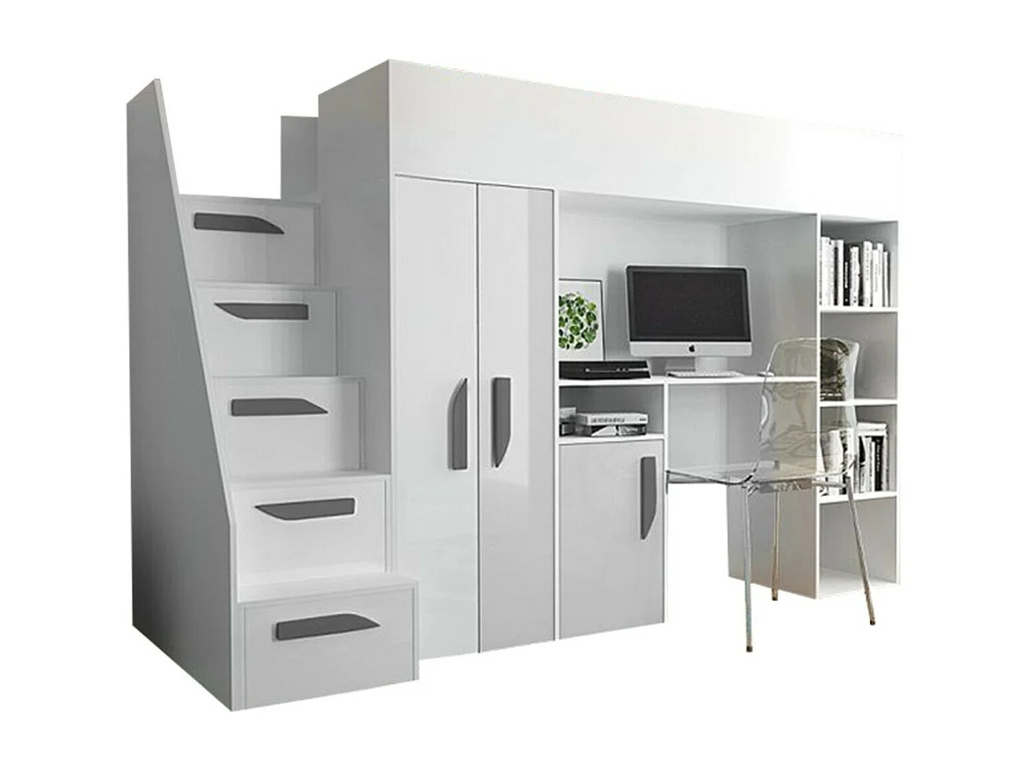 Lit haut Hartford 192, Unique, Blanc, 90x200, Stratifié, Sommier à lattes, 120x247x166cm