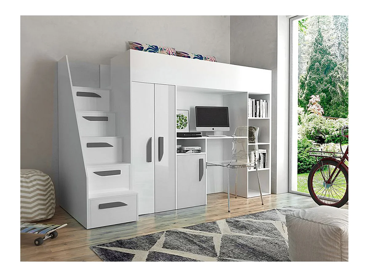Letto alto Hartford 192, Singolo, Bianco, 90x200, Truciolare laminato, Reti a doghe,
