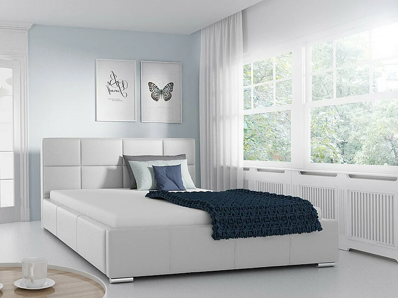 Cama Baltimore 122, Casal, Branco, Eco couro, Estrados de cama