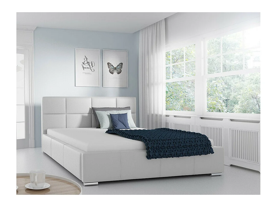 Cama Baltimore 122, Casal, Branco, Eco couro, Estrados de cama