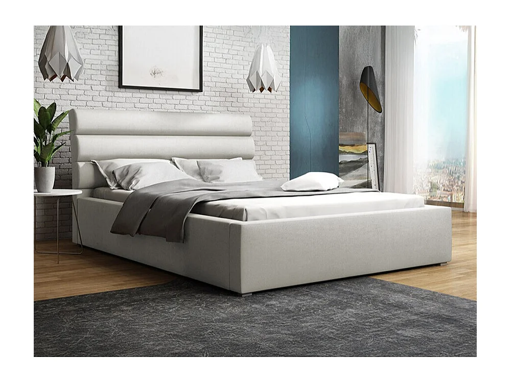 Lit Pomona 108, Double, Gris, 140x200, Tapisserie, Sommier à lattes, 160x223x100cm