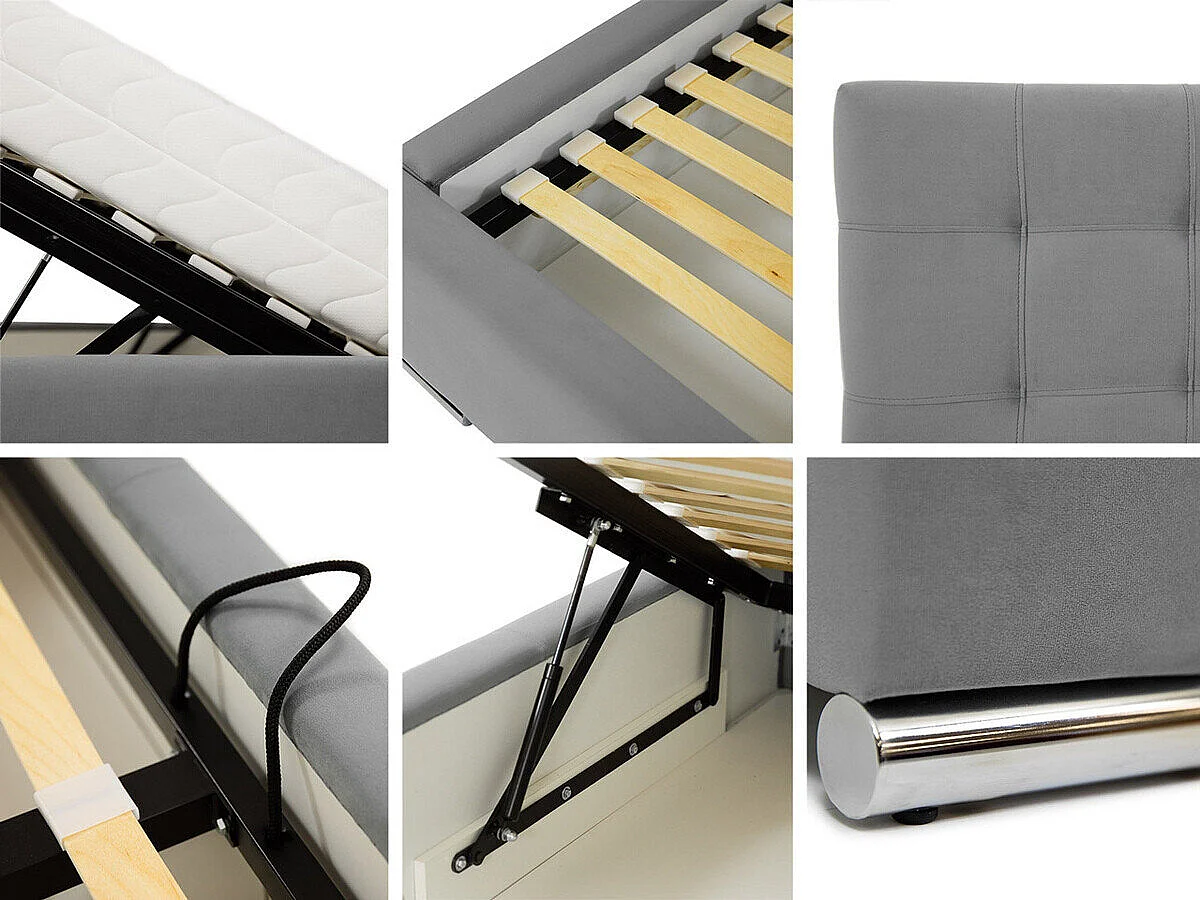 Lit Portus, Double, Gris clair, Tissu, Disponible, 18x22x9cm