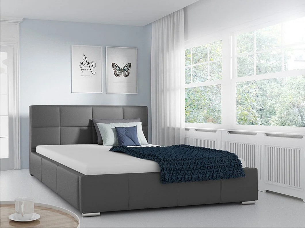 Cama Baltimore 122, Doble, Gris, 180x200, Cuero ecológico, Somieres, 198x222x92cm