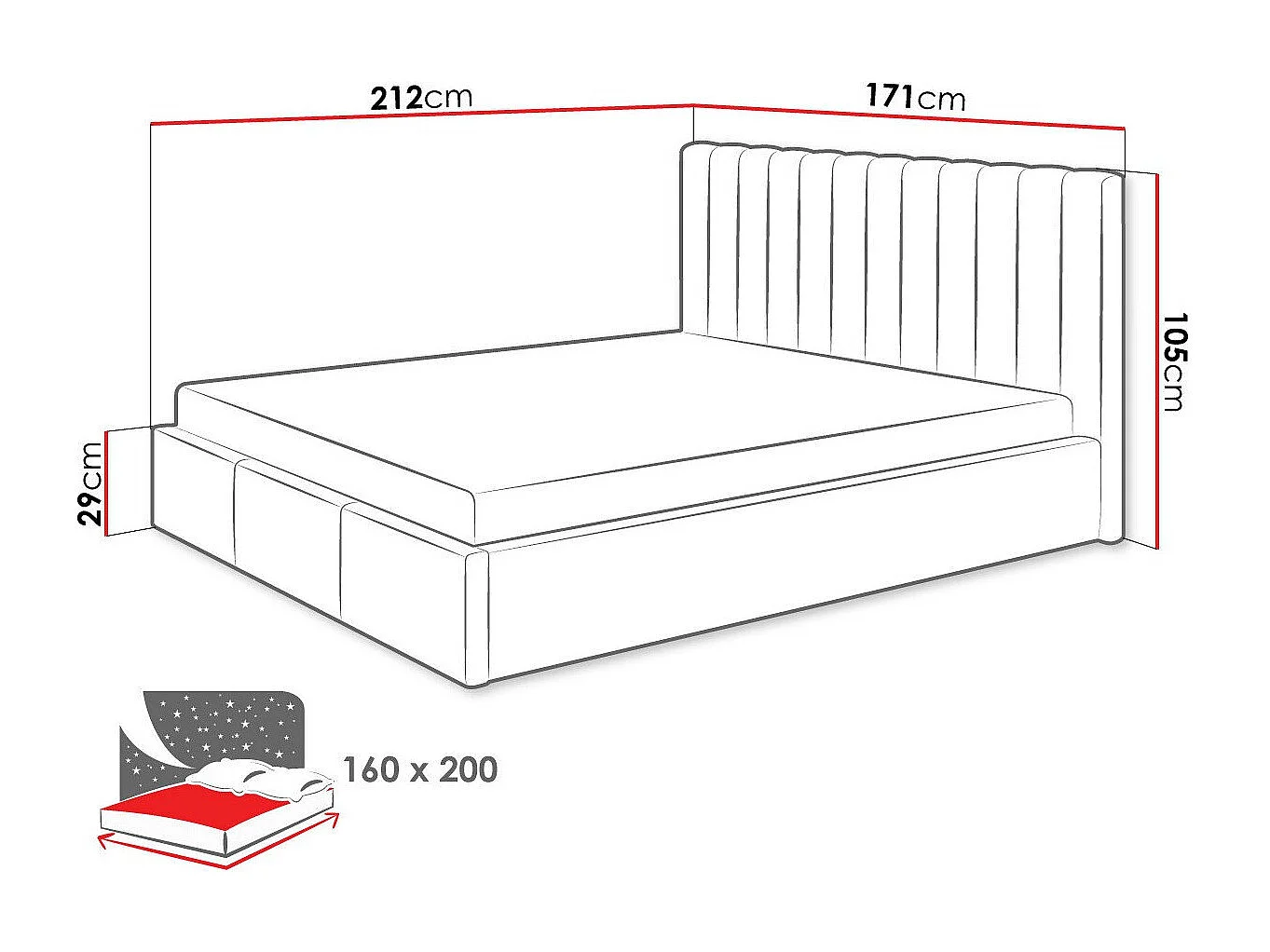 Lit ComfiDream 179, Double, Brun clair, 160x200, Tissu, Disponible, 171x212x105cm