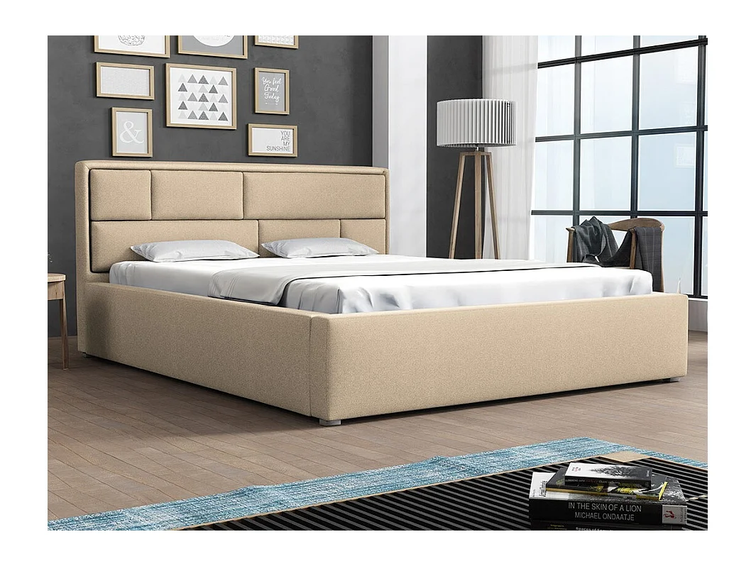 Cama Pomona 105, Casal, Castanho claro, Tecido, Estrados de cama