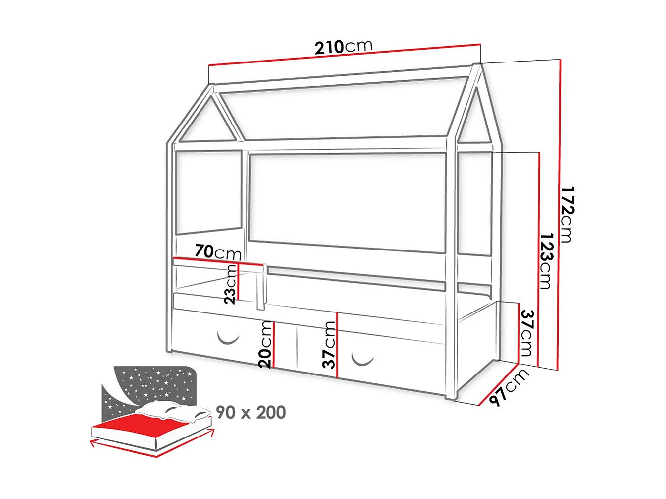 Lit Henderson 132, Unique, Gris, 90x200, Bois, Sommier à lattes, 97x210x172cm