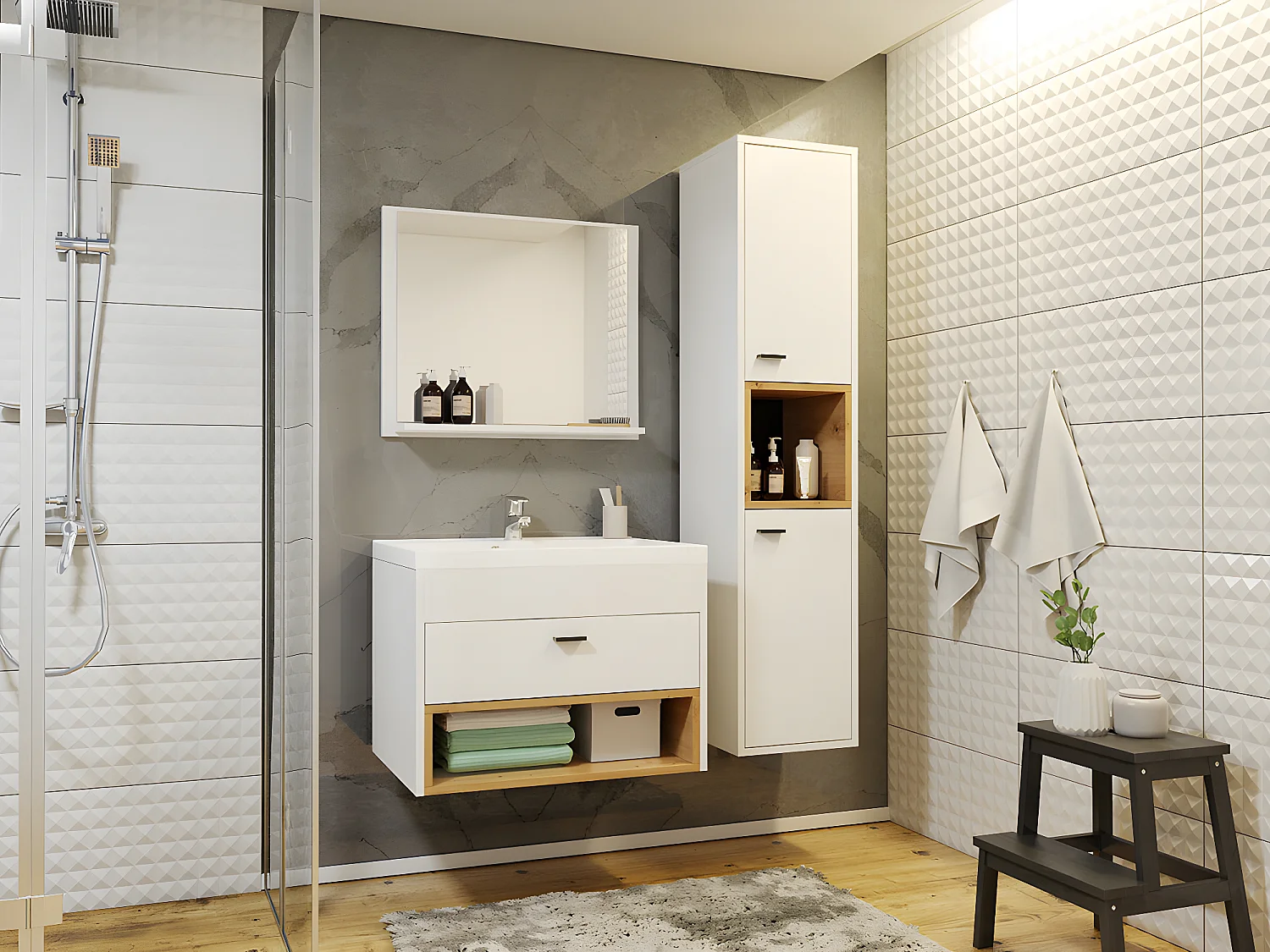 Mobiletto del bagno Baltesi 117, Rovere Artisan|Bianco, Montaggio a parete, 133x30x30cm