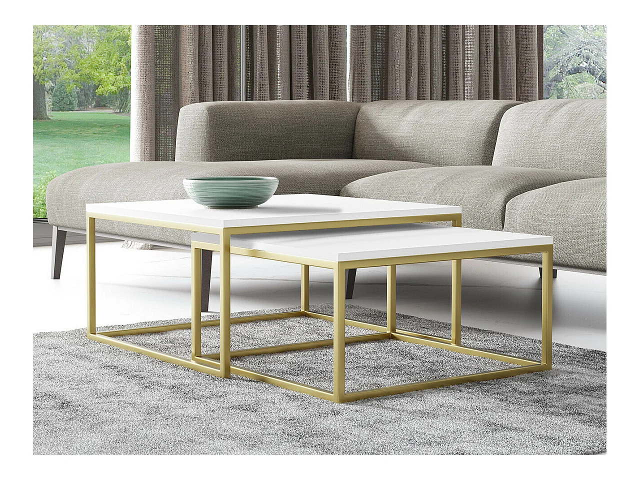 Ensemble tables basses Oswego 102, Doré|Blanc, 39x76x76cm, Stratifié, Angulaire