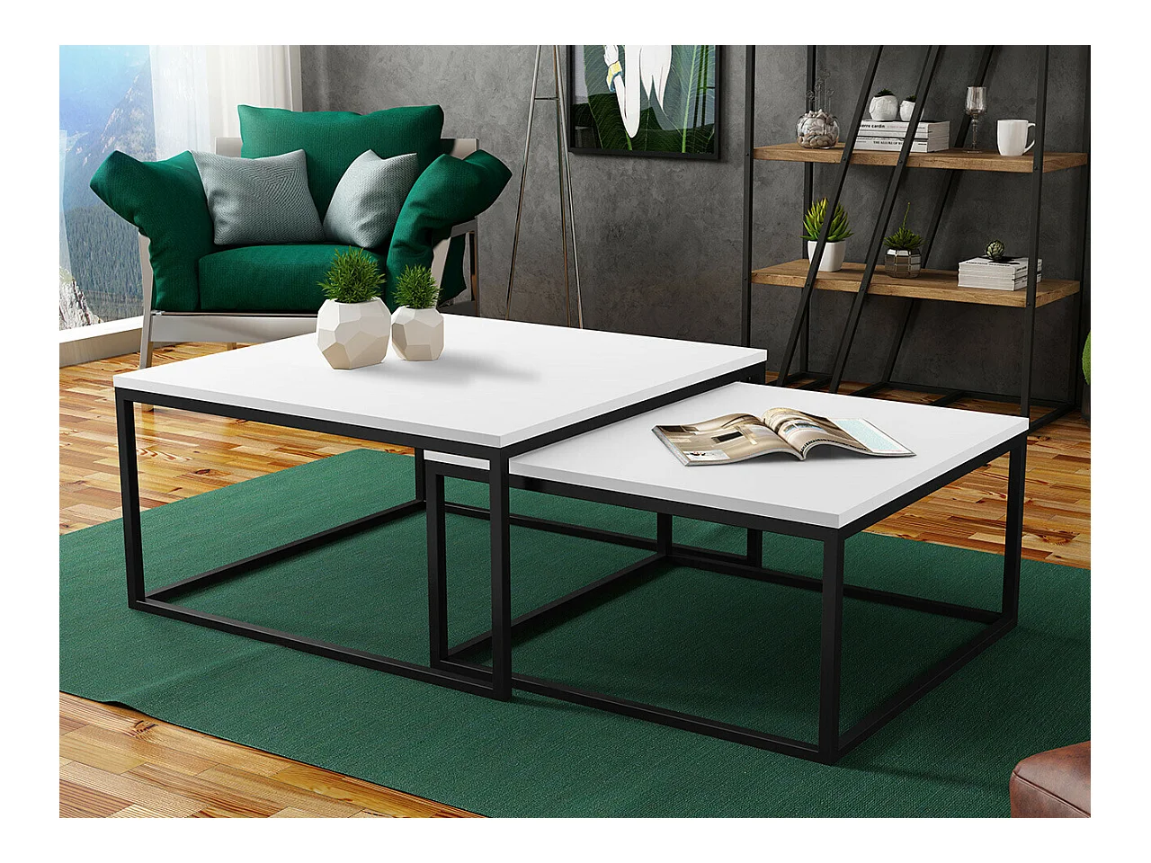 Ensemble tables basses Oswego 101, Noir|Blanc, 39x76x76cm, Stratifié, Angulaire