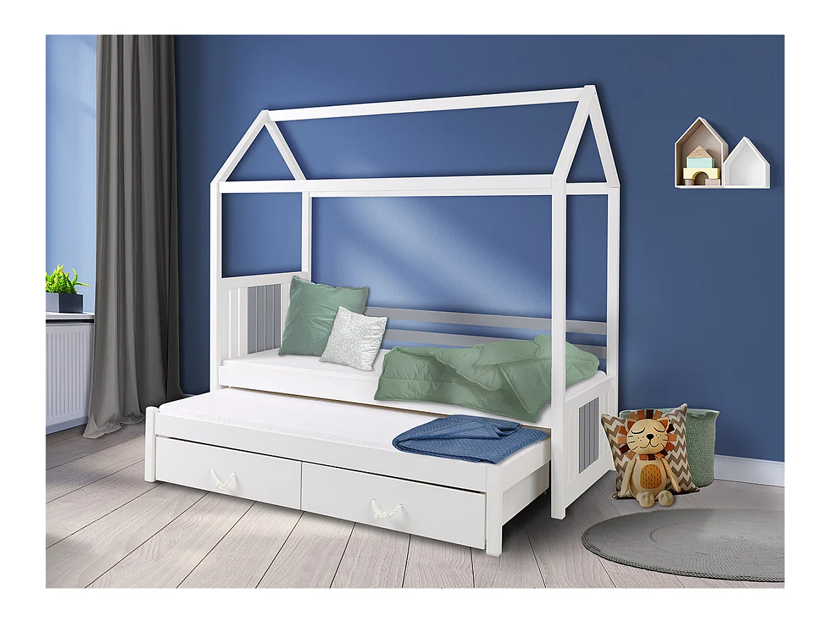 Lit Henderson 131, Simple avec un lit gigogne supplémentaire, Blanc, 90x190|90x200, Bois