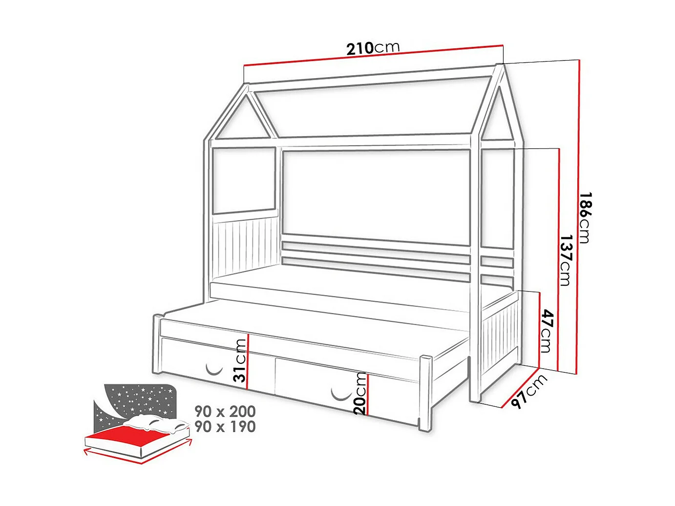 Cama Henderson 131, Individual con una cama supletoria-nido, Blanco, 90x190|90x200, 97cm