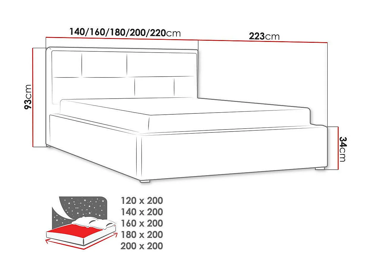 Lit Pomona 105, Double, Gris, 180x200, Tissu, Disponible, 200x223x93cm
