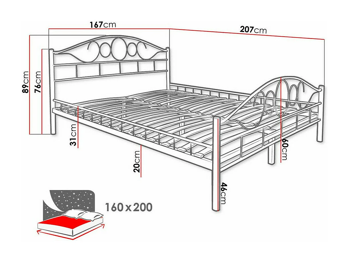Cama Elmira 100, Casal, Preto, Metal, Estrados de cama, 17x21x9cm
