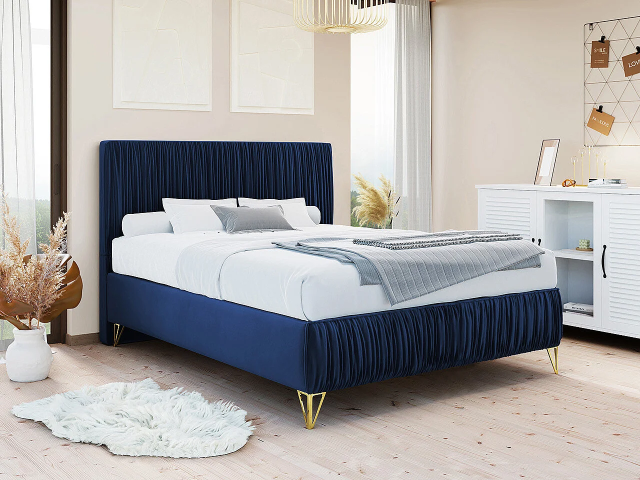 Cama continental Logan 112, Casal, Azul, Tecido, Estrados de cama