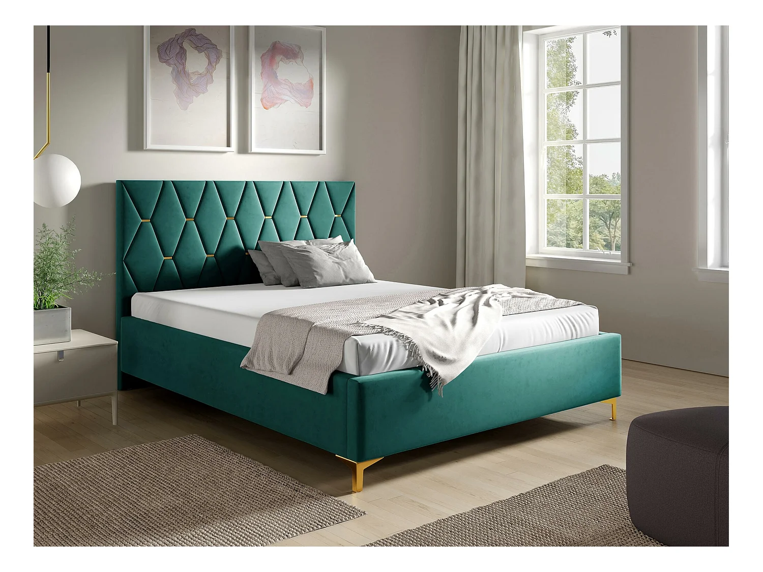 Cama Baltimore 192, Casal, Verde, Tecido, Estrados de cama, 20x22x12cm