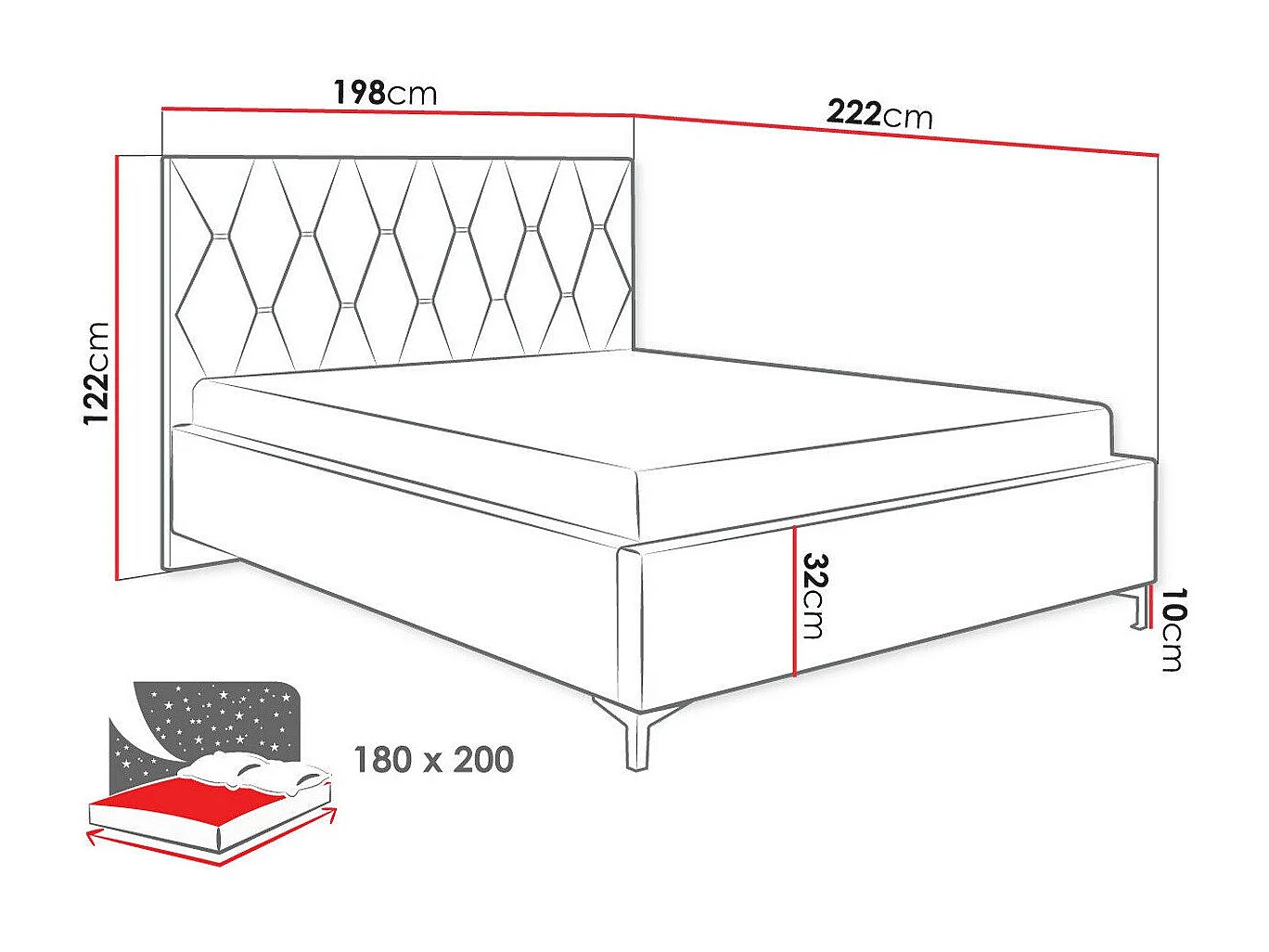 Lit Baltimore 192, Double, Vert, 180x200, Tissu, Disponible, 198x222x122cm