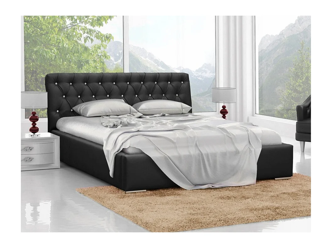 Cama Baltimore 100, Casal, Preto, Eco couro, Estrados de cama