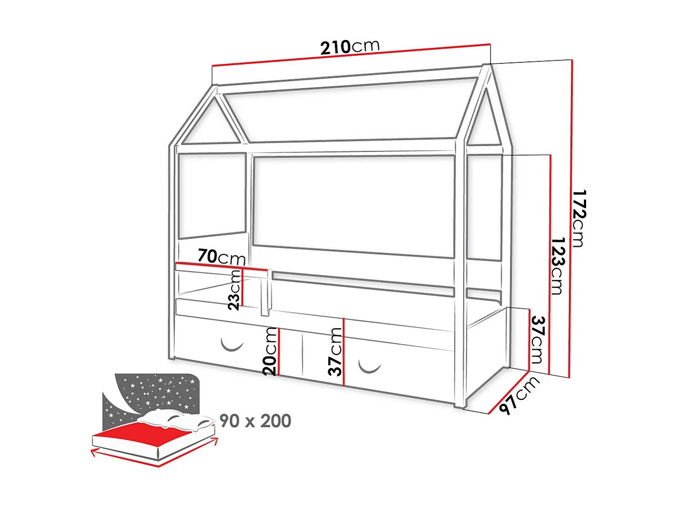 Cama Henderson 132, Individuales, Blanco, 90x200, Madera, Somieres, 90x200x172cm