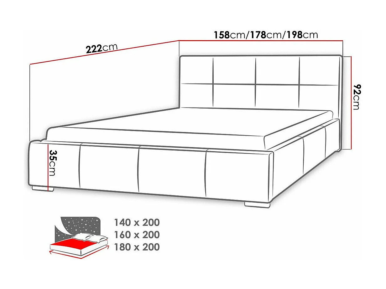 Cama Baltimore 122, Casal, Cinzento, Eco couro, Estrados de cama