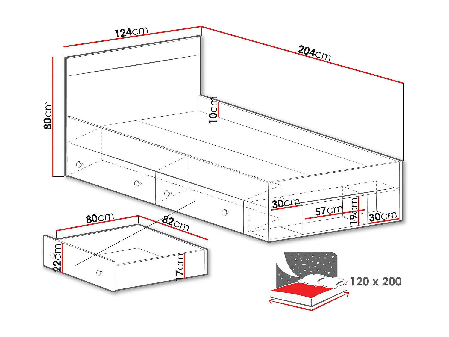 Lit Tesmonu 114, Unique, Brun clair, 120x200, Stratifié, Disponible, 124x204x80cm