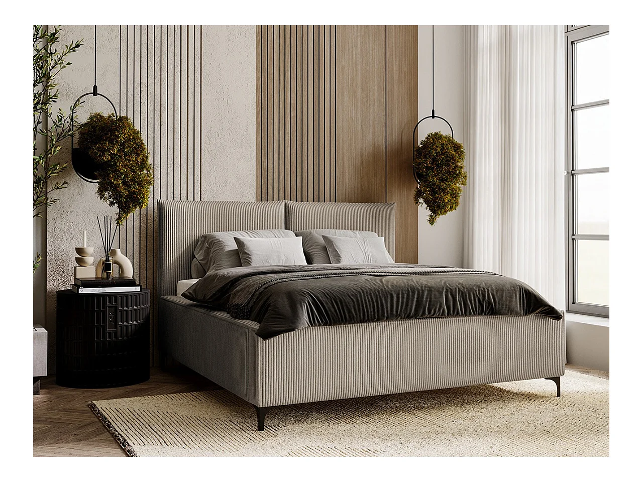 Cama Clovis 113, Doble, De color marrón claro, 200x200, Tapiz, Somieres, 220x214x108cm